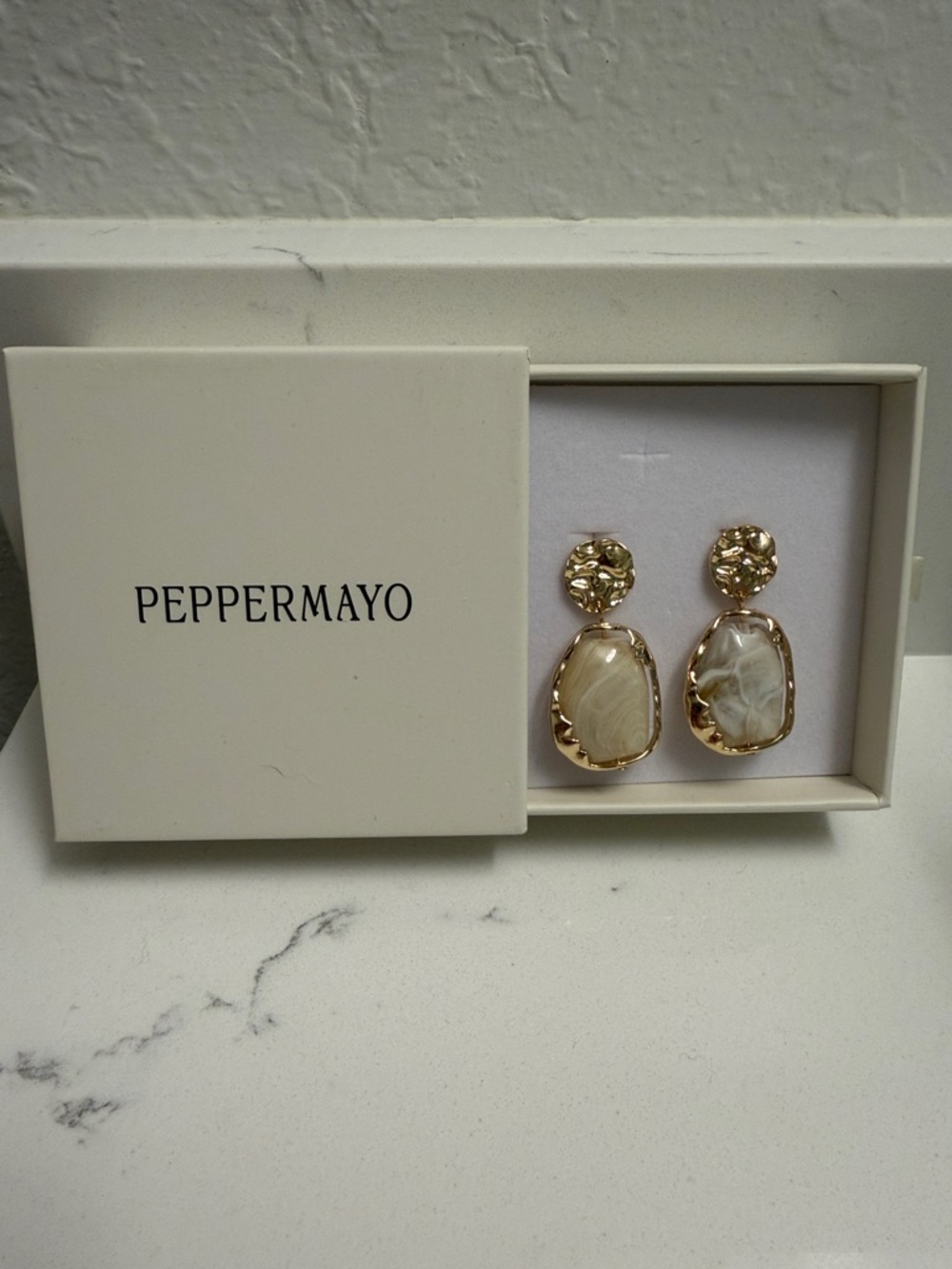 Peppermayo Gold Drop Earrings with Cream Marbled Stones